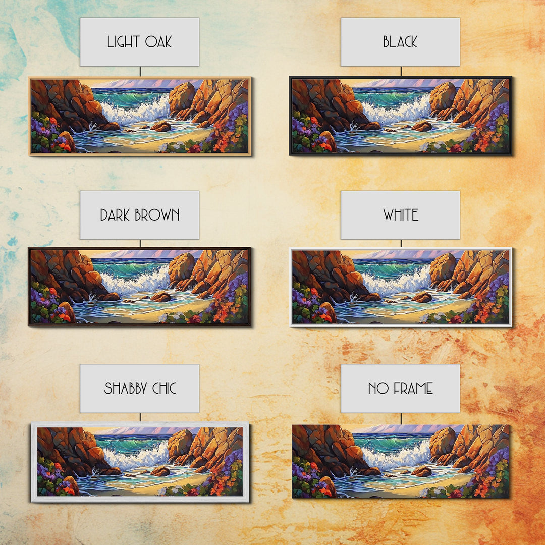 Rocky Shore Break, Ocean Cliff Scene, Seaside Escape, Framed Canvas Print, Coastal Bathroom Wall Art, Nautical Beach Decor