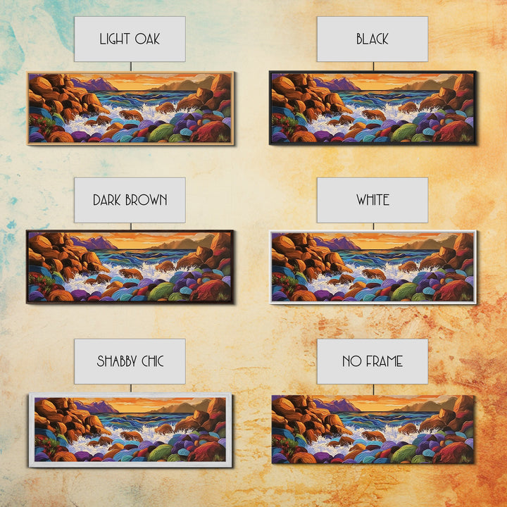 Rocky Coastline, Sunset Splash, Rainbow Stones, Framed Canvas Print, Bathroom Wall Art, Modern Seaside Art, Bold Landscape Vibes