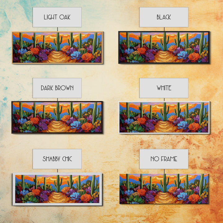 Cactus Garden Sunset, Desert Wall Art, Succulent Landscape, Framed Canvas Print, Boho Living Room Decor, Vibrant Western Style