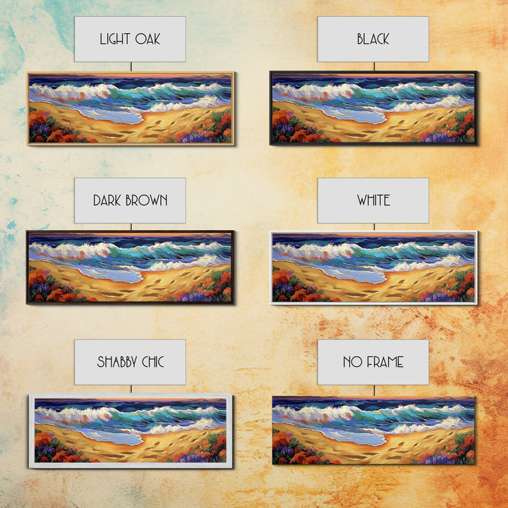 Coastal Wave Art, Beach Shore, Ocean Spray, Sunset Sea Framed Canvas Print, Living Room Wall Art, Modern Tropical Decor