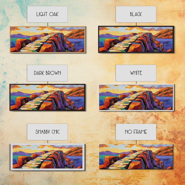 Rocky Coastal Path, Sunset Cliff Art, Vibrant Mountain Scene, Adventure Nature Decor, Framed Canvas Print, Fall Living Room Art