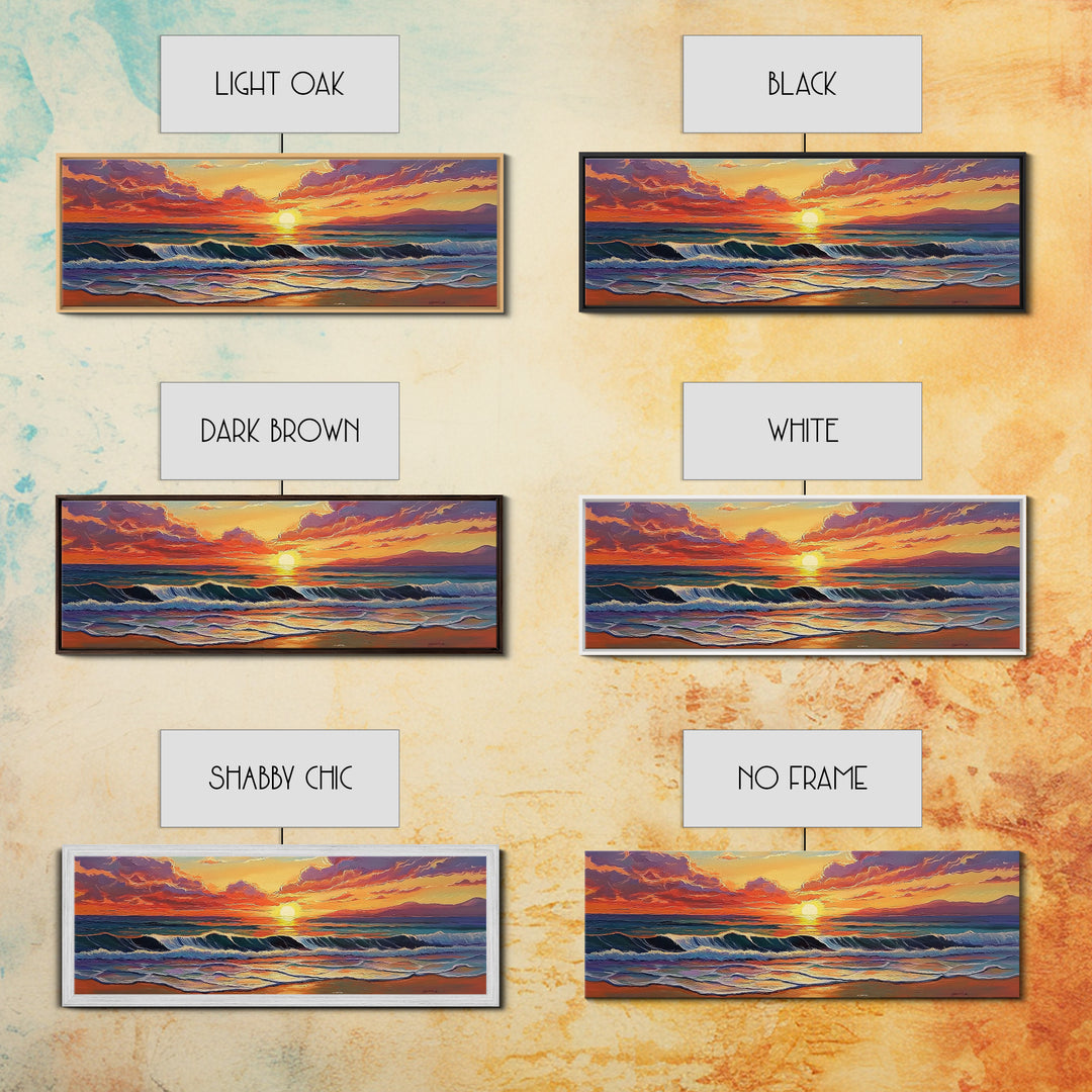 Crashing Sunset Waves, Ocean Horizon Art, Coastal Abstract Painting, Framed Canvas Print, Colorful Living Room Wall Art, Beach Vibes