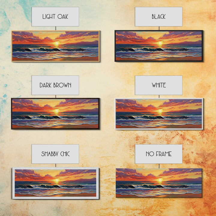 Crashing Sunset Waves, Ocean Horizon Art, Coastal Abstract Painting, Framed Canvas Print, Colorful Living Room Wall Art, Beach Vibes