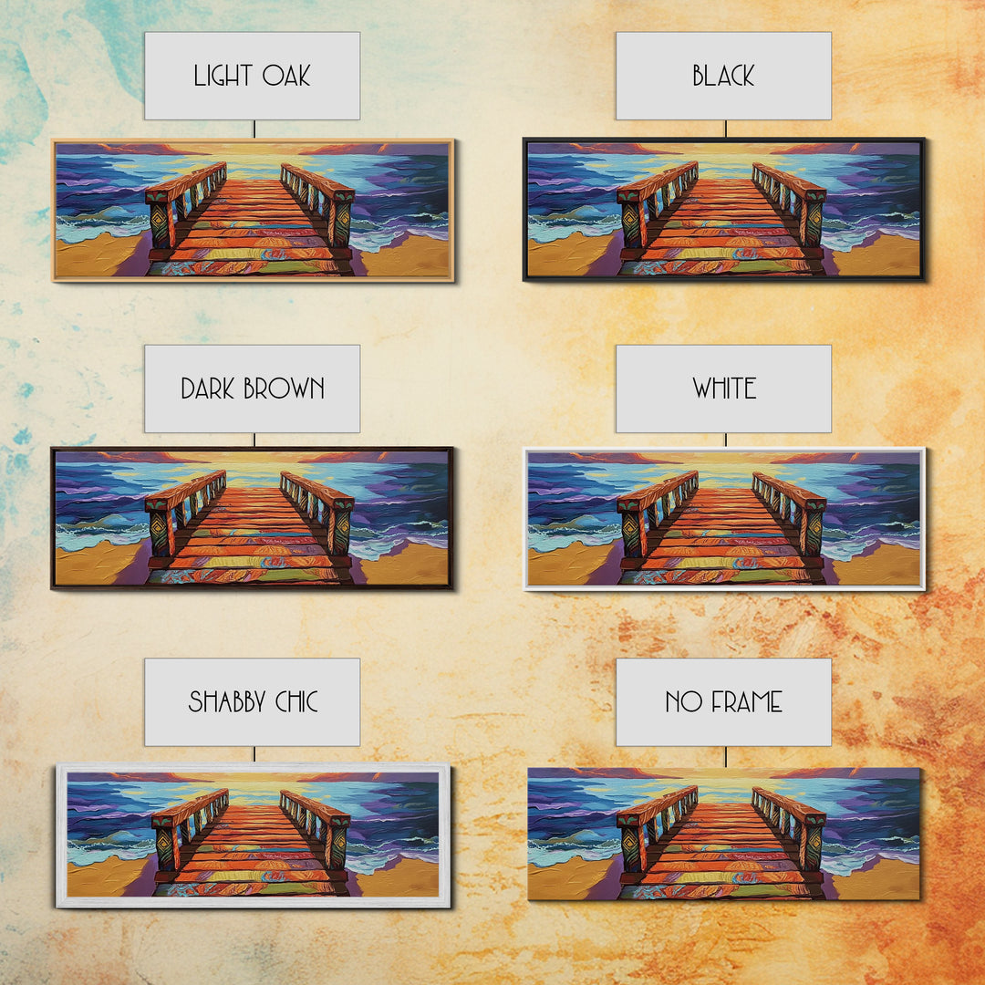 Colorful Pier, Sunset View, Ocean Dock, Serene Shoreline, Framed Canvas Print, Beach House Wall Art, Coastal Landscape Painting