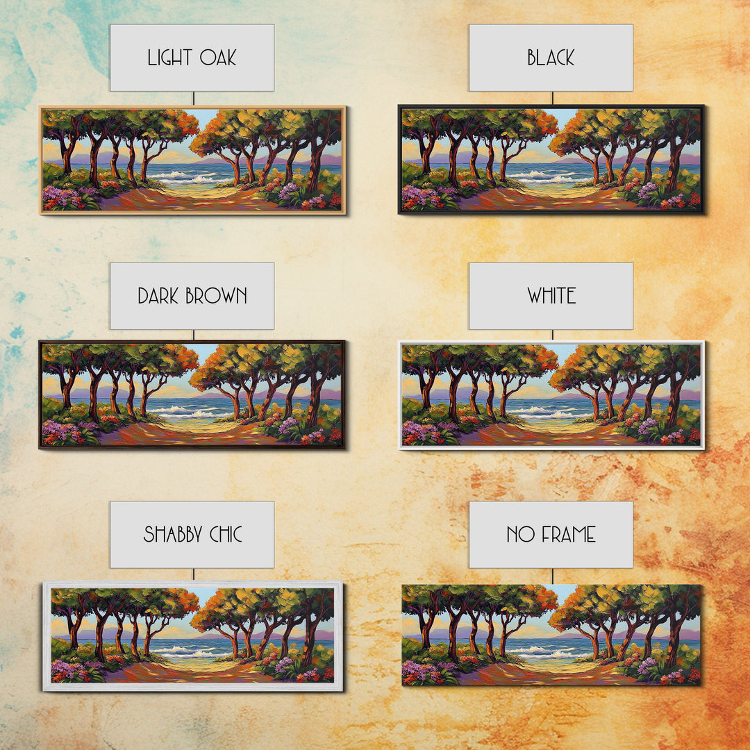 Coastal Trees, Ocean View, Beach Path, Vibrant Foliage, Framed Canvas Print, beach house decor, nature wall art, coastal living room style