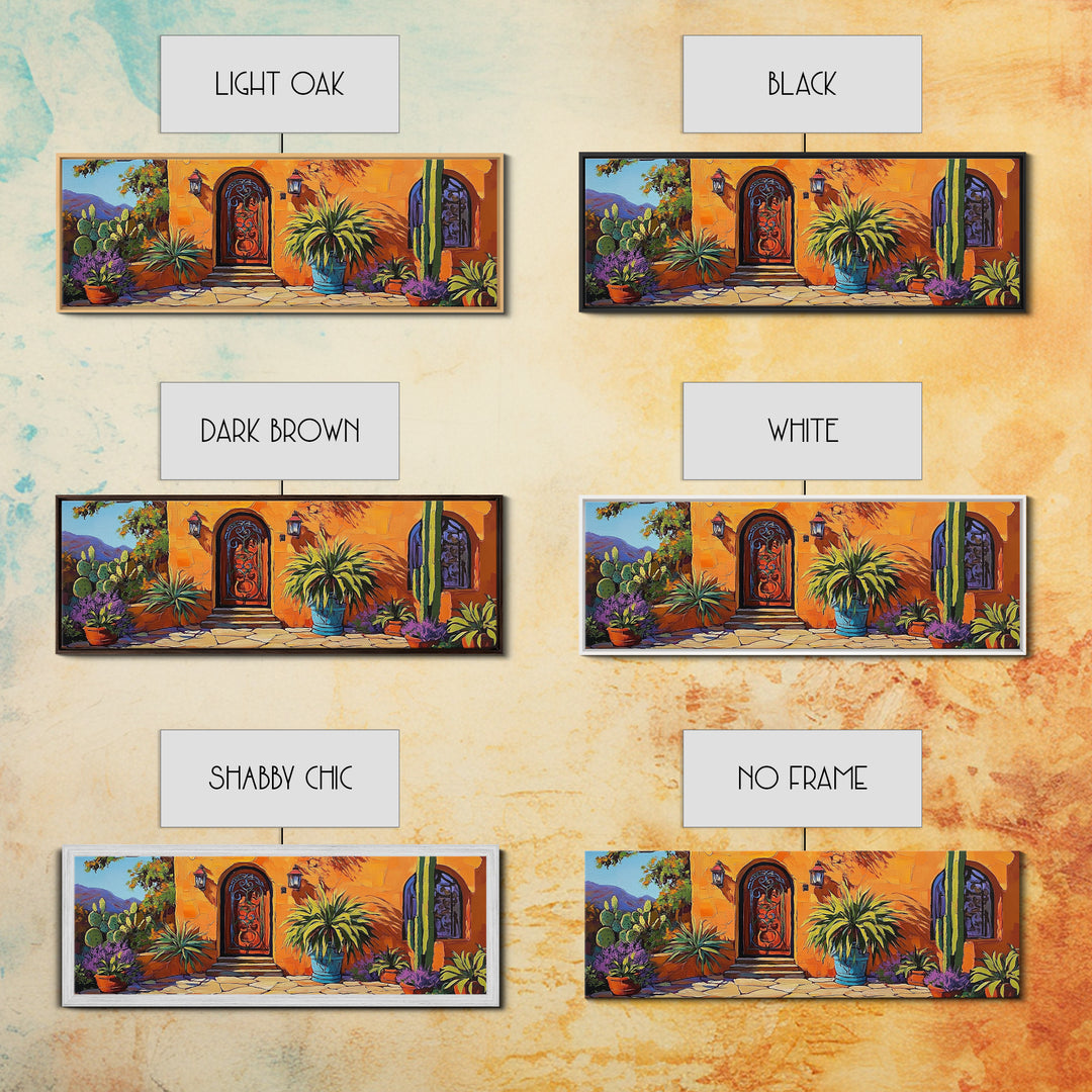 Desert Doorway, Cactus House, Warm Entryway, Framed Canvas Print, Southwest Wall Art, Rustic Kitchen Decor, Boho Style Exterior Scene