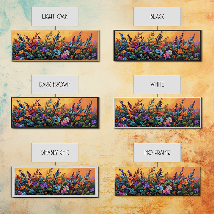 Autumn Garden Flowers, Orange Sky, Bold Leaves, Seasonal Blooms, Canvas Print, Fall Kitchen Wall Art, Botanical Color Pop