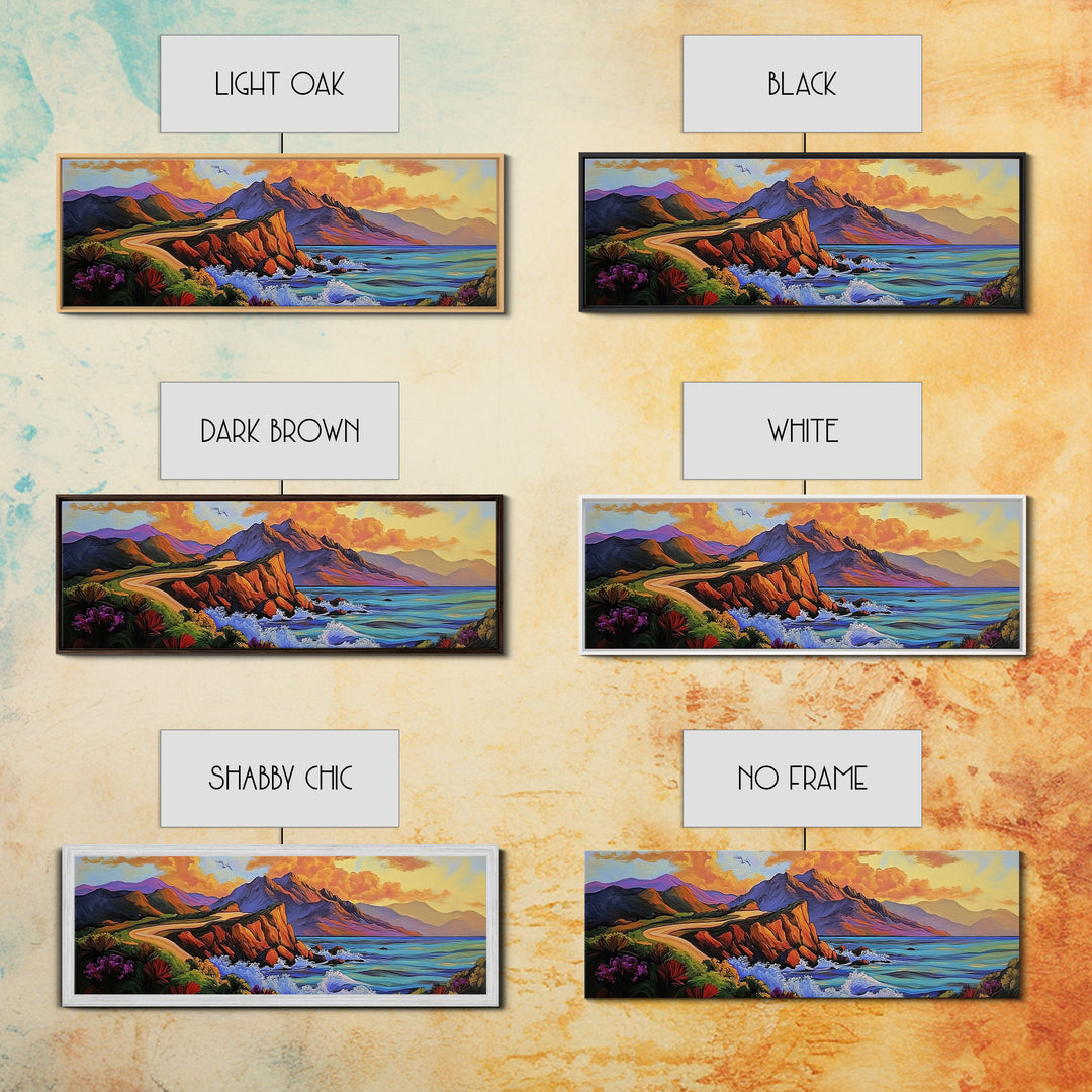 Cliffside Drive, Sunset Coast, Dramatic Ocean Scene, Framed Canvas Print, Coastal Wall Art, Office Accent Art, Bold Color Landscape