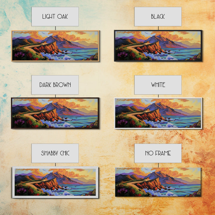 Cliffside Drive, Sunset Coast, Dramatic Ocean Scene, Framed Canvas Print, Coastal Wall Art, Office Accent Art, Bold Color Landscape