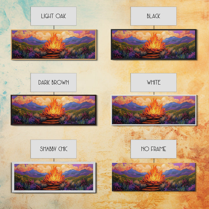 Dramatic Bonfire Night, Vibrant Flame in Hills, Scenic Nature Wall Art, Framed Canvas Print, Fall Lodge Decor, Rustic Landscape Artwork