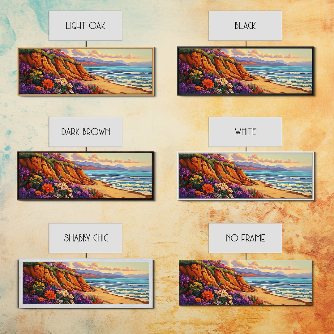 Cliffside Flowers, Ocean Waves, Sunset Coast, Canvas Print, Vibrant Coastal Wall Art, Bedroom or Bathroom Decor, Bohemian Beach Art