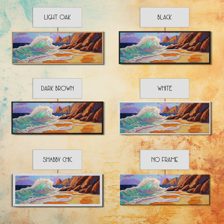 Crashing Wave, Coastal Shore, Sunset Beach, Framed Canvas Print, Ocean Wall Art, Beach Decor, Vibrant Surf Painting, Bathroom Art