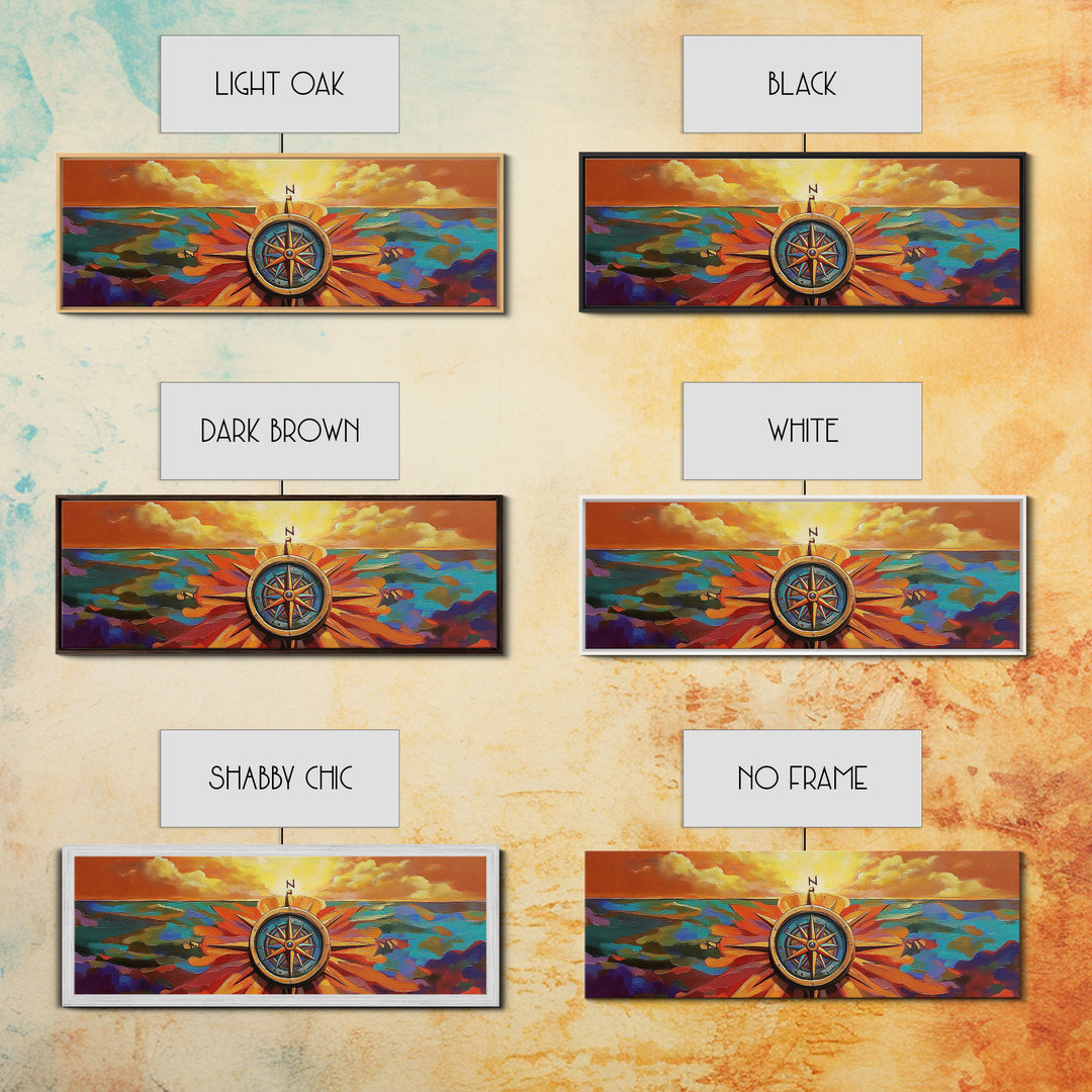 Compass Rose, Nautical Decor, Seafaring Art, Sunset Ocean, Framed Canvas Print, Beach House Art, Office Wall Art, Boho Travel Art