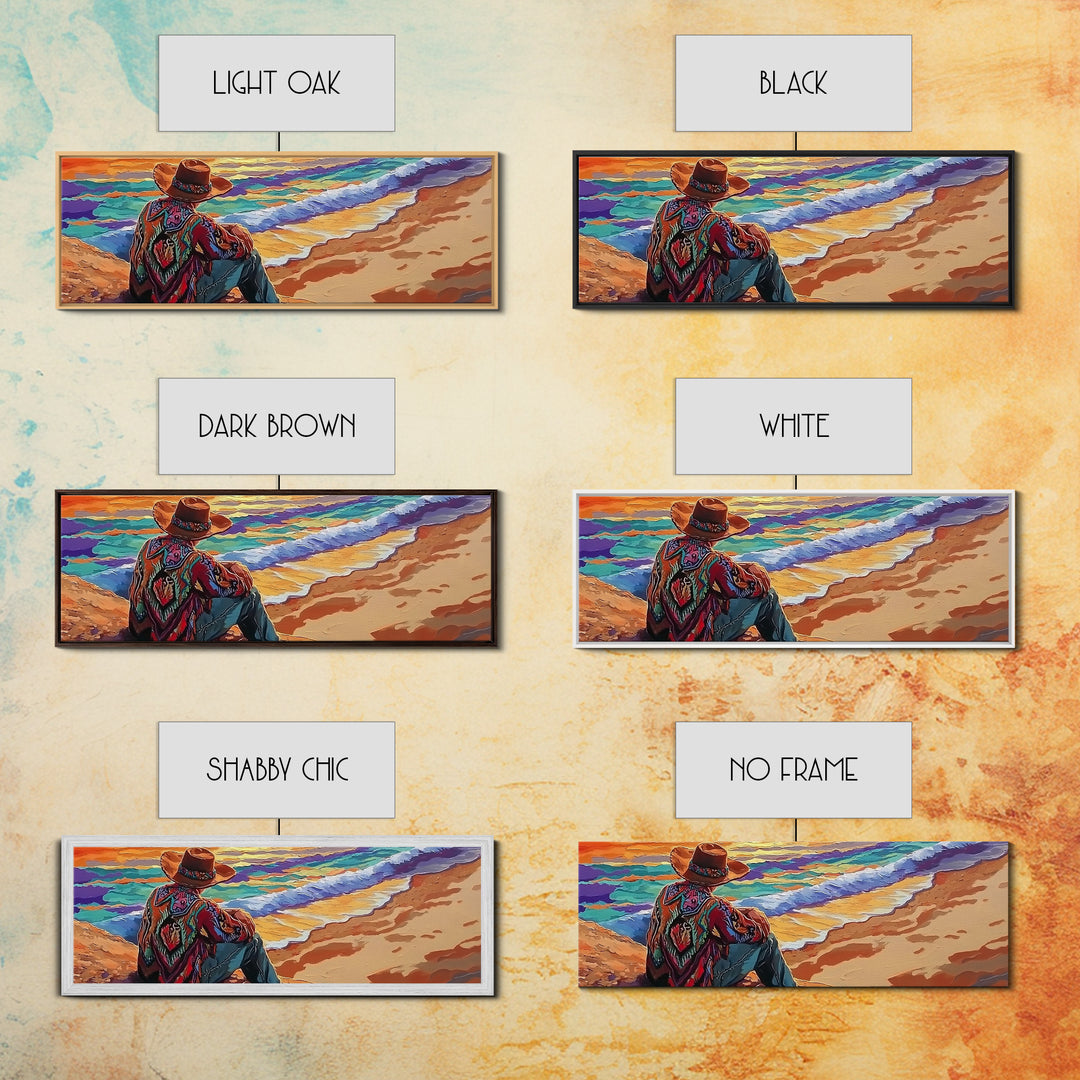 Coastal Cowboy, Ocean View, Serene Sunset, Western Art, Canvas Print, Living Room Wall Art, Southwestern Vibes, Beach Cowboy Scene