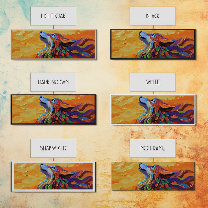 Colorful Wolf, Spirit Animal, Autumn Sky, Boho Vibes, Framed Canvas Print, Eclectic Wall Art, Bedroom Accent, Mystical Animal Painting