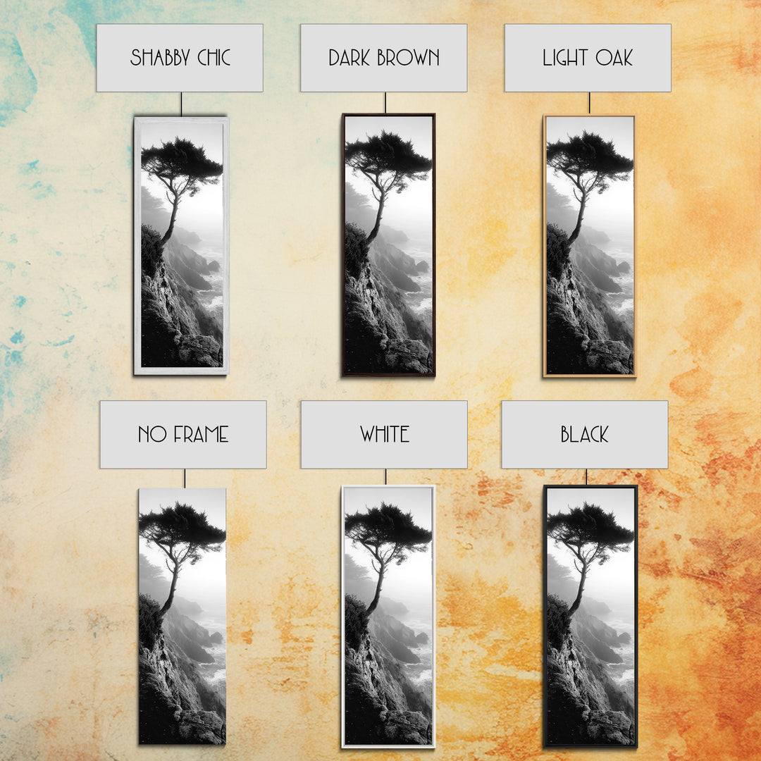 Coastal Tree, Cliff View, Ocean Mist, Moody Landscape, Canvas Print, Serene Bedroom Art, Monochrome Nature Photography Style