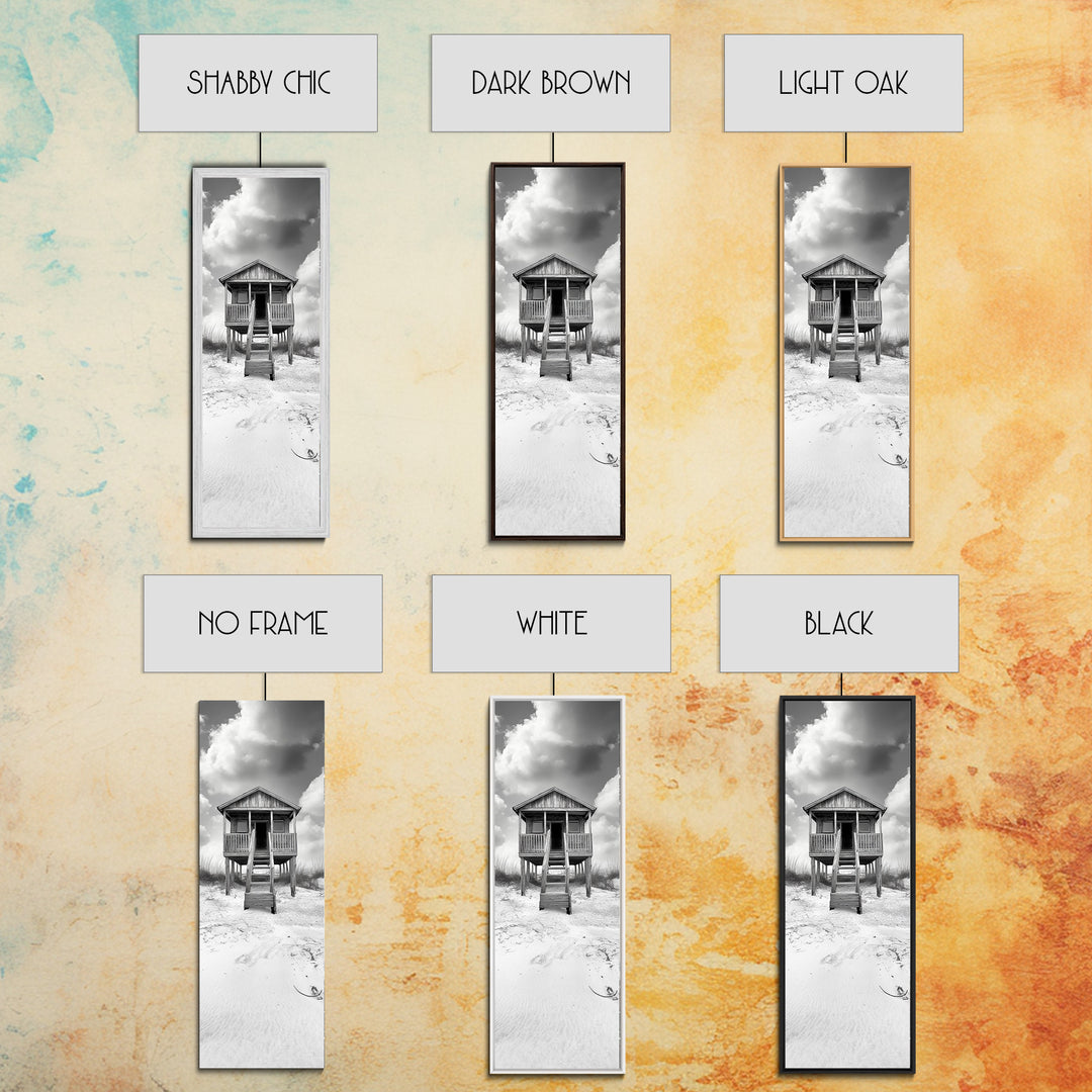 Beachfront Cabin, Rustic Shack, Seaside Simplicity, Cloudy Sky, Island Life, Framed Canvas Print, Entryway Wall Art, Coastal Farmhouse Decor