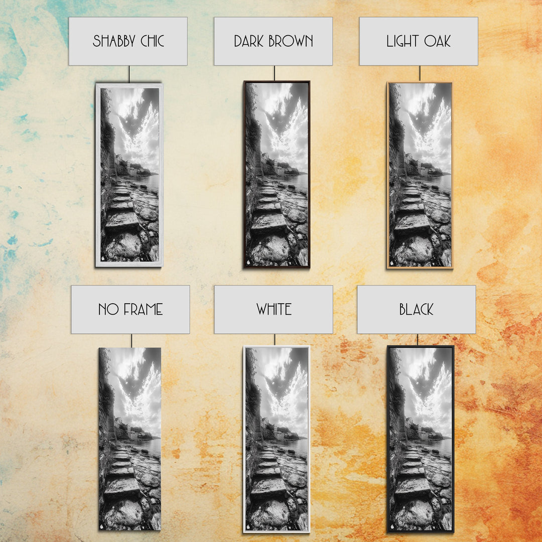 Cliffside Village, Stone Path, Seaside Escape, Dreamy Landscape, Canvas Print, Living Room Wall Art, Romantic Wall Decor, Monochrome Style