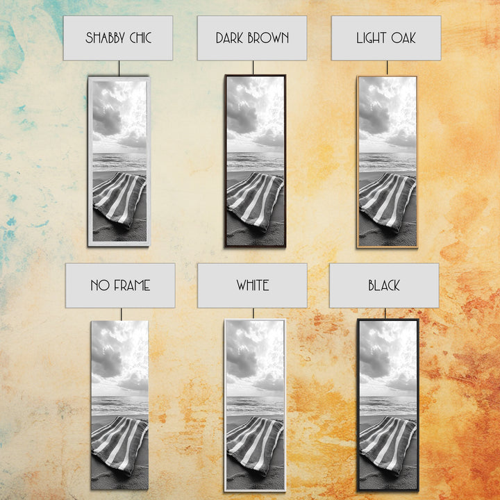 Beach Towel View, Ocean Breeze, Seaside Calm, Striped Blanket, Relaxation Mood, Framed Canvas Print, Bathroom Wall Art, Minimalist Coastal Art