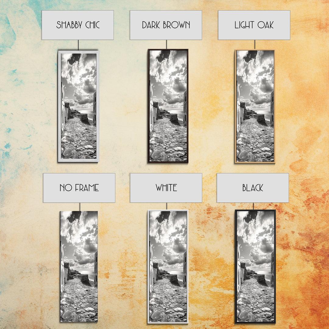 Coastal Street, Ocean View, Mediterranean Charm, Monochrome Photography, Framed Canvas Print, Living Room Print, Kitchen Wall Art