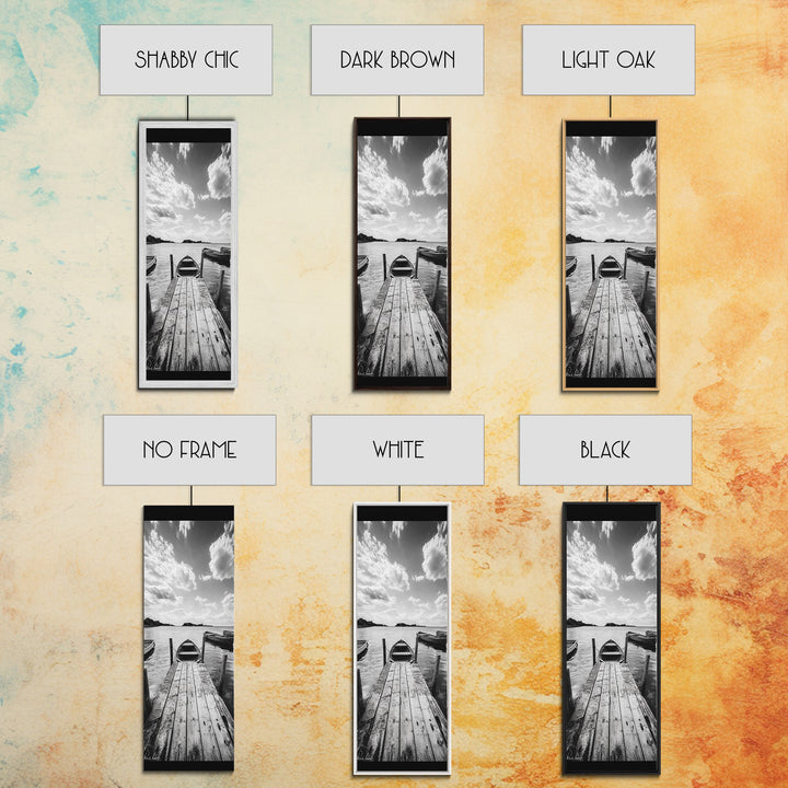 Docked Rowboat, Calm Waters, Rustic Pier, Serene Lake View, Framed Canvas Print, Black and White Coastal Art, Bedroom Wall Decor