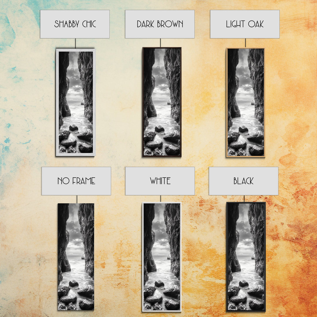 Rocky Passage, Seaside View, Cave Entrance, Dramatic Nature Scene, Framed Canvas Print, Moody Black and White Bedroom Wall Art, Hallway Decor