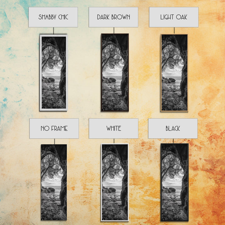 Cave View, Coastal Tree, Ocean Horizon, Black and White Landscape, Canvas Print, Rustic Seaside Art, Living Room Art, Entry Wall Decor