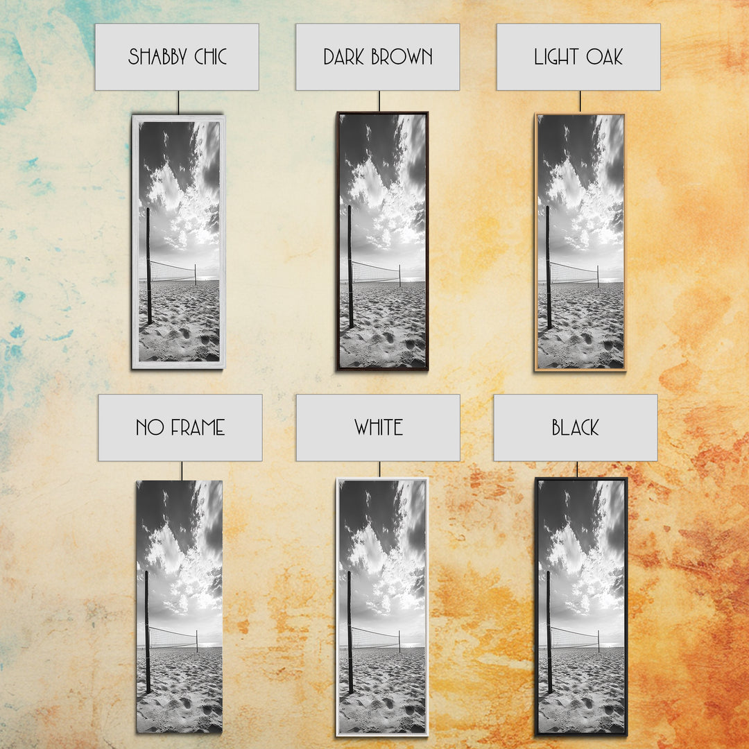 Beach Volleyball, Sandy Court, Summer Games, Ocean Sky, Active Lifestyle, Framed Canvas Print, Game Room Wall Art, Sporty Coastal Art