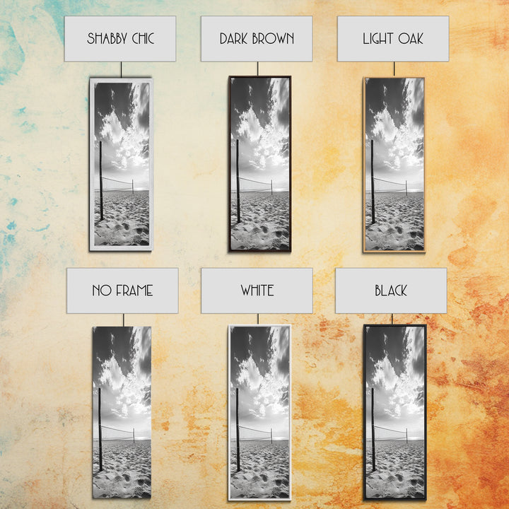 Beach Volleyball, Sandy Court, Summer Games, Ocean Sky, Active Lifestyle, Framed Canvas Print, Game Room Wall Art, Sporty Coastal Art