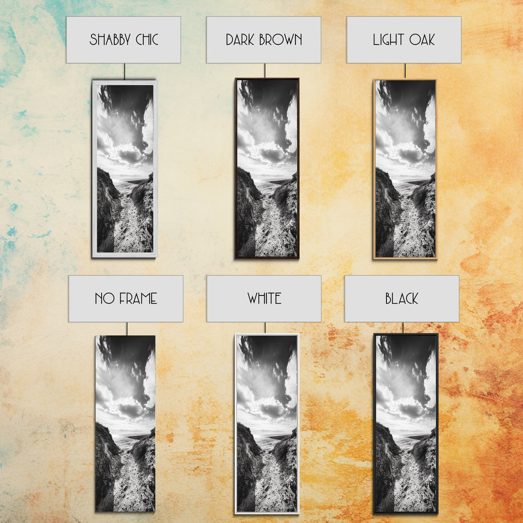 Cliffside Horizon, Beach Escape, Black and White Nature, Framed Canvas Print, Coastal Wall Art, Entryway Decor, Minimalist Aesthetic