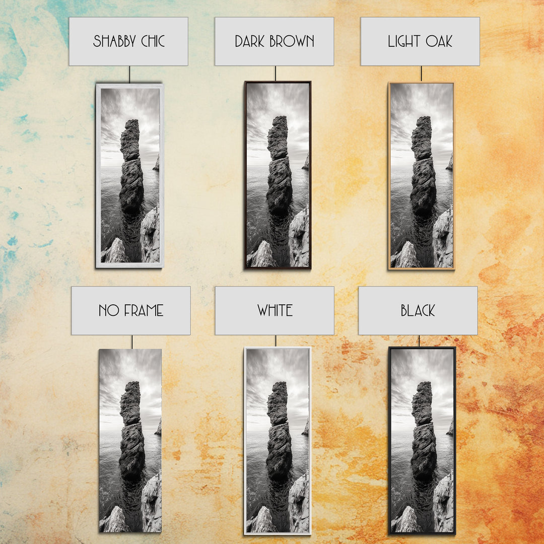 Coastal Rock, Ocean Tower, Nature Photography, Framed Canvas Print, Minimalist Wall Decor, Living Room Wall Art, Black and White Seascape