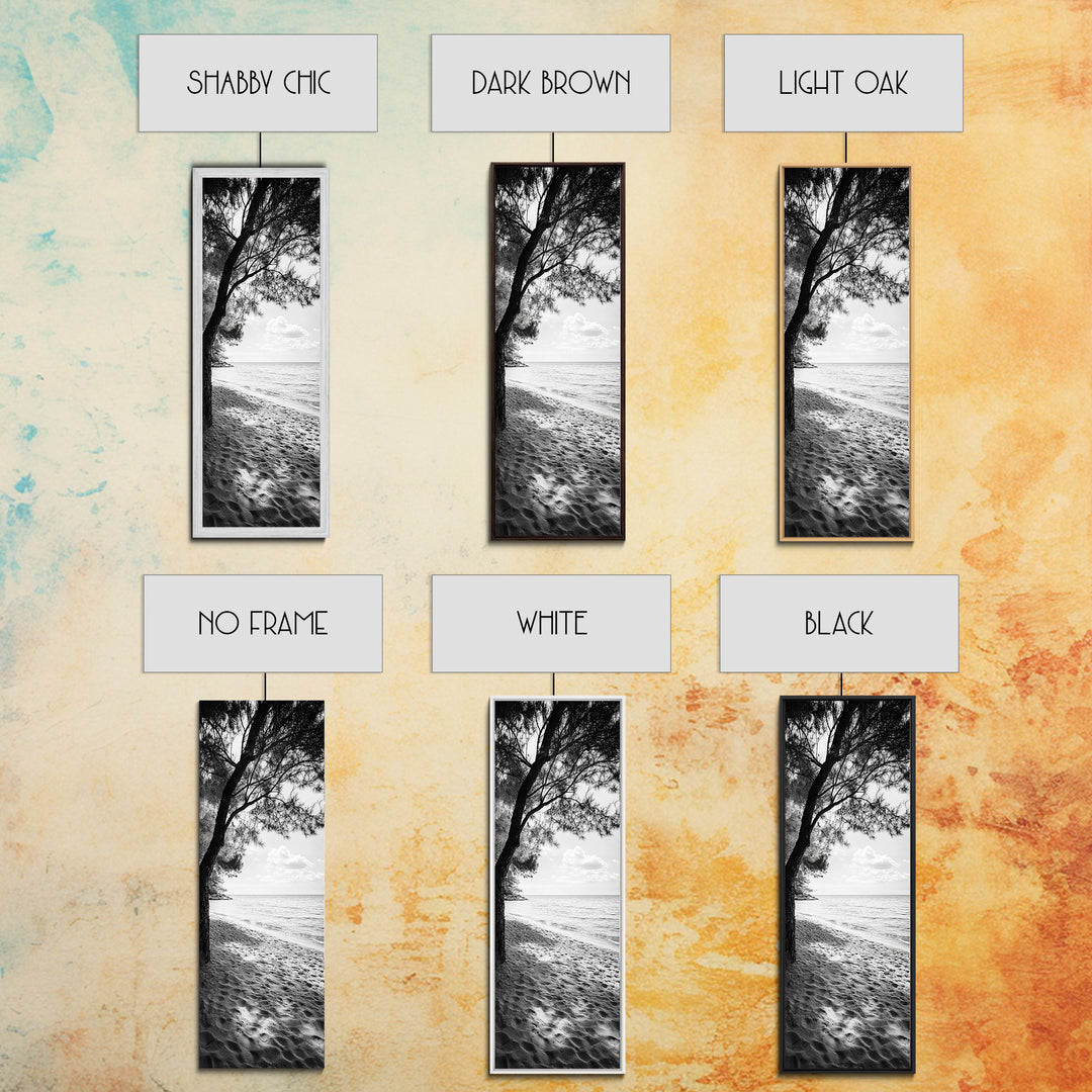 Coastal Tree Shade, Beach Sand Path, Seaside Serenity, Nature Retreat, Framed Canvas Print, Bathroom Wall Art, Neutral Tones, Calm Ocean Art