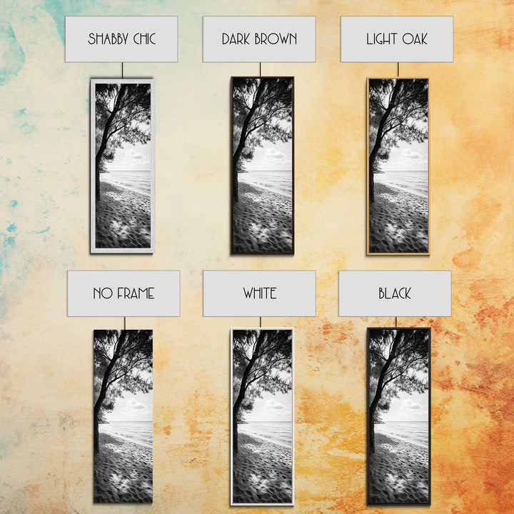 Coastal Tree Shade, Beach Sand Path, Seaside Serenity, Nature Retreat, Framed Canvas Print, Bathroom Wall Art, Neutral Tones, Calm Ocean Art