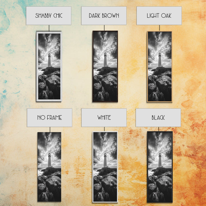 Coastal Beacon, Nautical Light, Ocean Landscape, Sunset Sky, Lighthouse Photography Framed Canvas Print, Living Room Nautical Wall Art