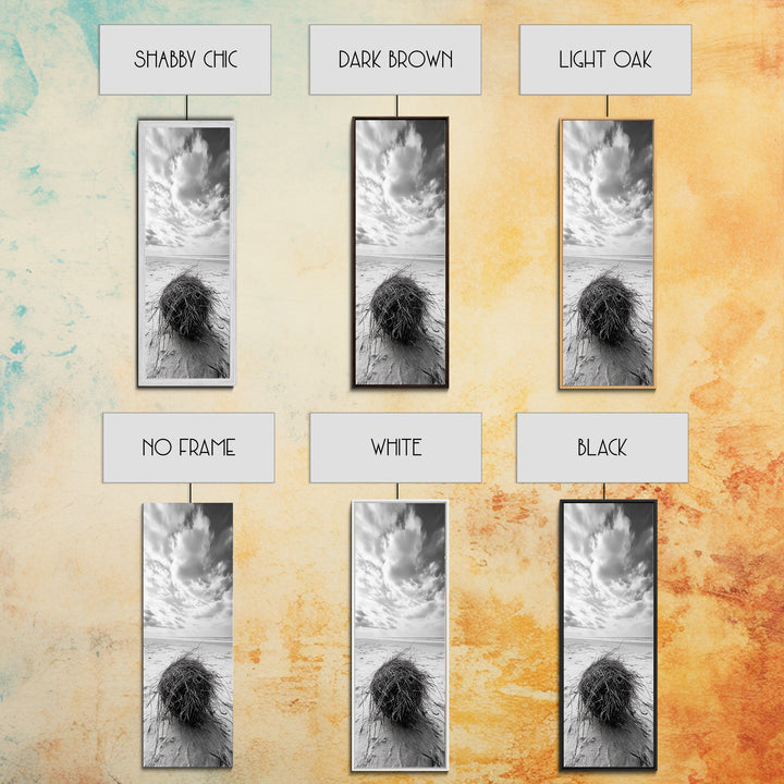 Beach Tumbleweed, Windy Dune, Coastal Drift, Seaside Simplicity, Monochrome Shoreline Framed Canvas Print, Bathroom Beach Wall Decor