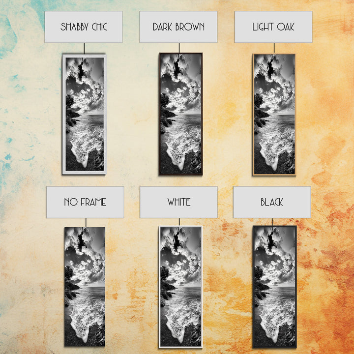 Rocky Coastline, Ocean Foam, Sunset Glow, Framed Canvas Print, Nautical Wall Art, Beach House Decor, Moody Seascape Photography