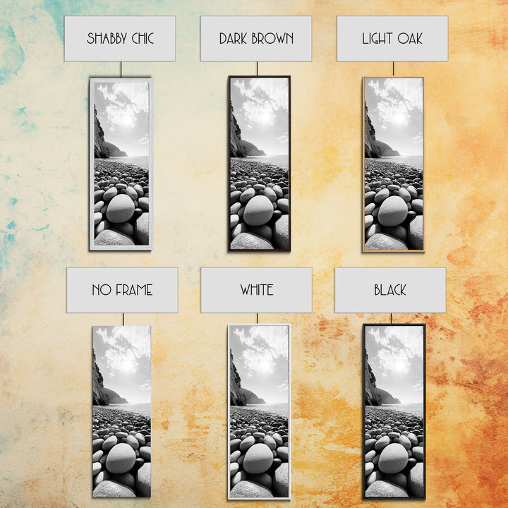 Rocky Beach View, Ocean Horizon, Sunrise Light, Framed Canvas Print, Relaxing Bedroom Wall Art, Modern Coastal Photography, Bathroom Wall Art