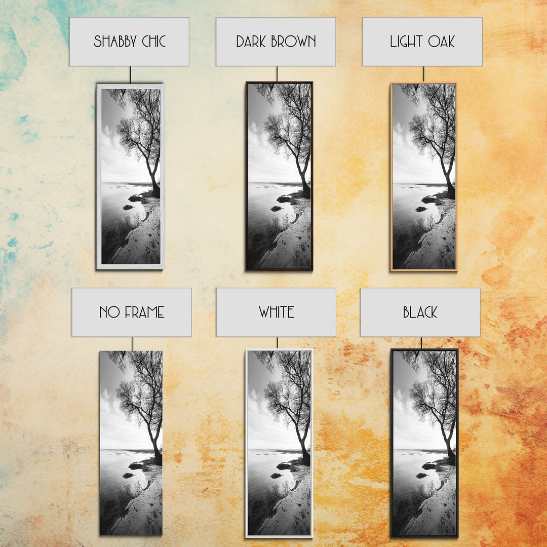 Bare Tree Reflection, Minimal Winter Shoreline, Calm Monochrome Art, Framed Canvas Print, Scandinavian Living Room Art, Bathroom Art