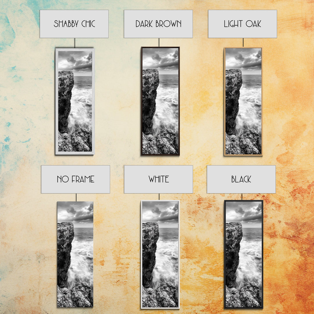 Cliffside Ocean, Storm Waves, Dramatic Coast, Monochrome Rocks, Framed Canvas Print Bathroom Wall Art, Minimalist Nautical Style, Coastal Decor