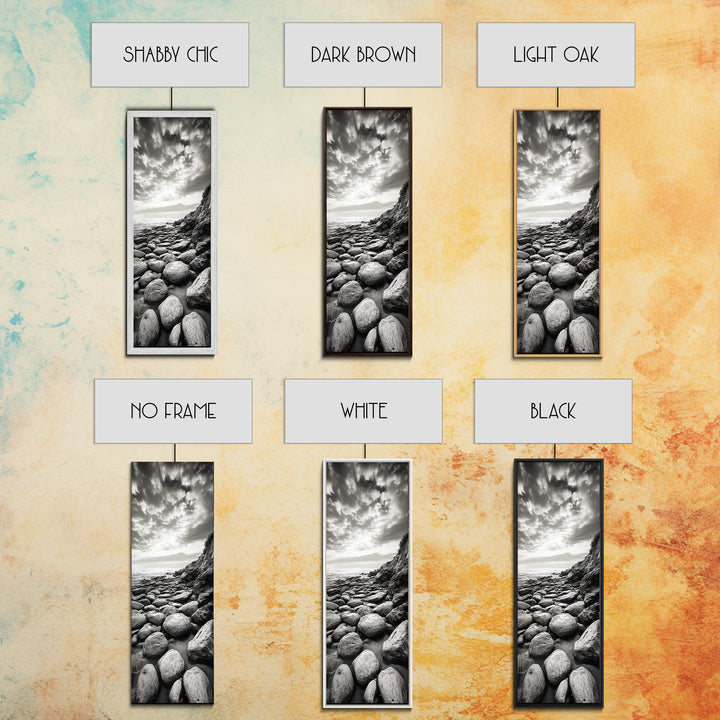 Coastal Stones, Rocky Shore, Sunrise Ocean, Black White Print, Framed Canvas Print Beach House Decor, Entryway Art, Nautical Minimalist Wall Art