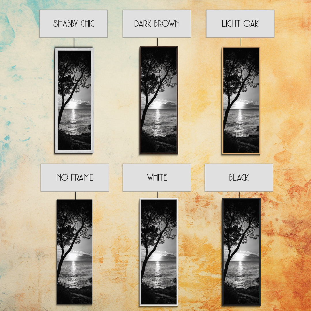 Coastal Tree, Ocean Sunset, Silhouetted Landscape, Peaceful Water, Framed Canvas Print, Nature Art, Bedroom Tranquil Decor