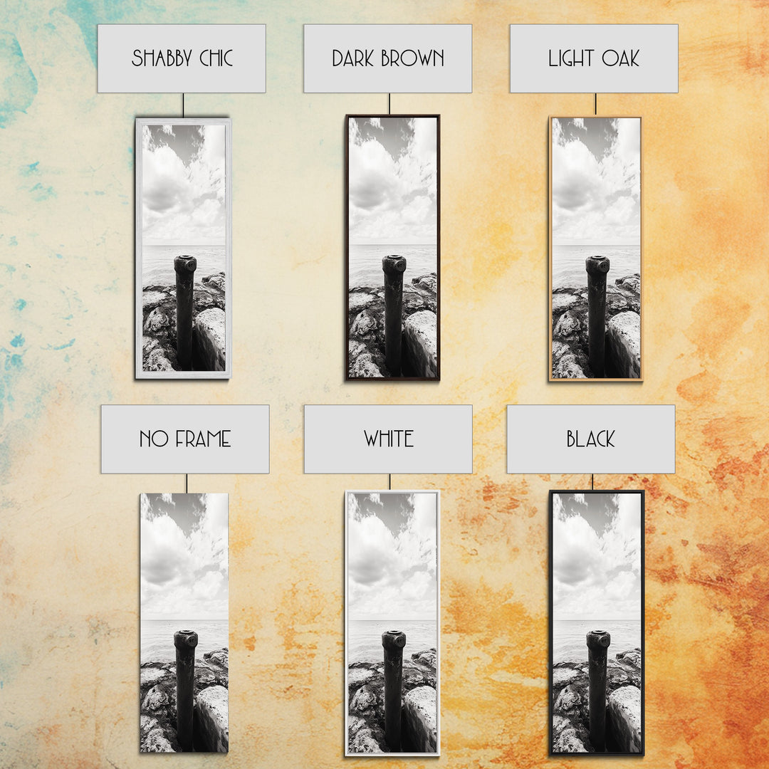 Coastal Pipe, Ocean View, Rusted Metal, Framed Canvas Print, Industrial Nautical Art, Bathroom Wall Decor, Minimal Seaside Landscape