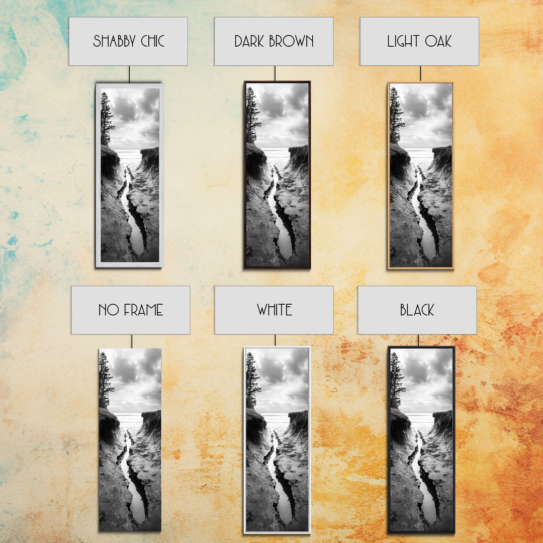 Coastal Crevice, Ocean Stream, Moody Nature, Rugged Beauty, Framed Canvas Print, Minimalist Beach Wall Art, Bedroom Art, Entryway Decor