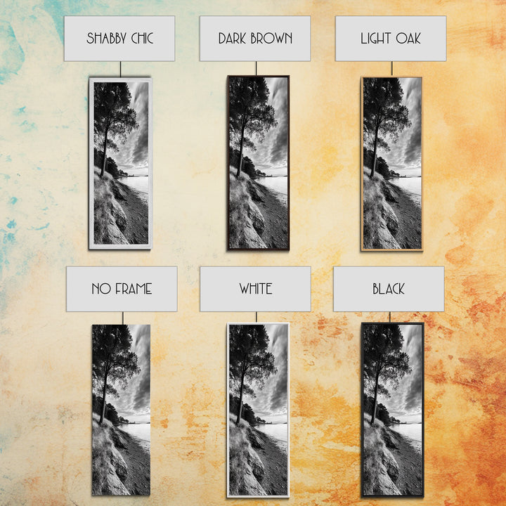 Coastal Tree, Ocean Horizon, Windswept Shore, Nature Calm, Moody Sky, Framed Canvas Print, Office Wall Art, Coastal Rustic Aesthetic