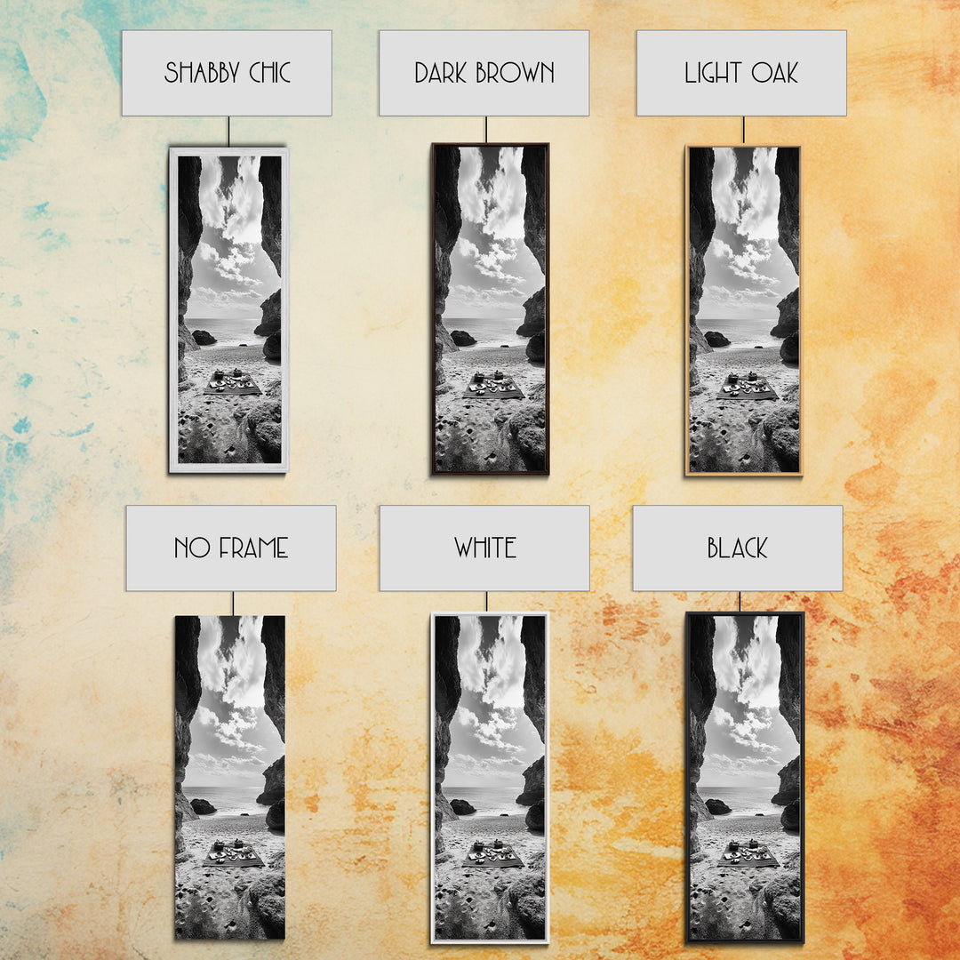 Beach Picnic, Seaside Cave, Ocean View, Framed Canvas Print, Minimalist Coastal Art, Dining Room Decor, Romantic Escape Vibes, Nautical Decor