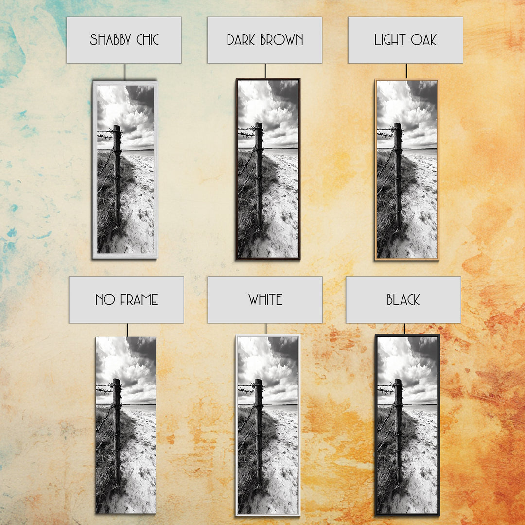 Barbed Fence, Sandy Dunes, Stormy Skies, Moody Coast, Natural Tension, Framed Canvas Print, Living Room Wall Art, Modern Western Decor