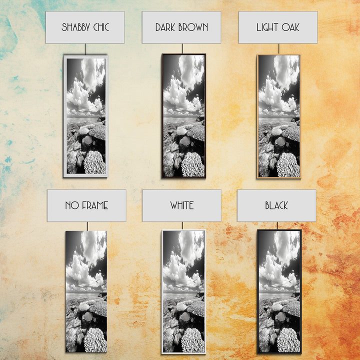 Coral Reef, Ocean Horizon, Puffy Clouds, Framed Canvas Print, Coastal Bathroom Art, Nautical Decor, Black and White Beach Style