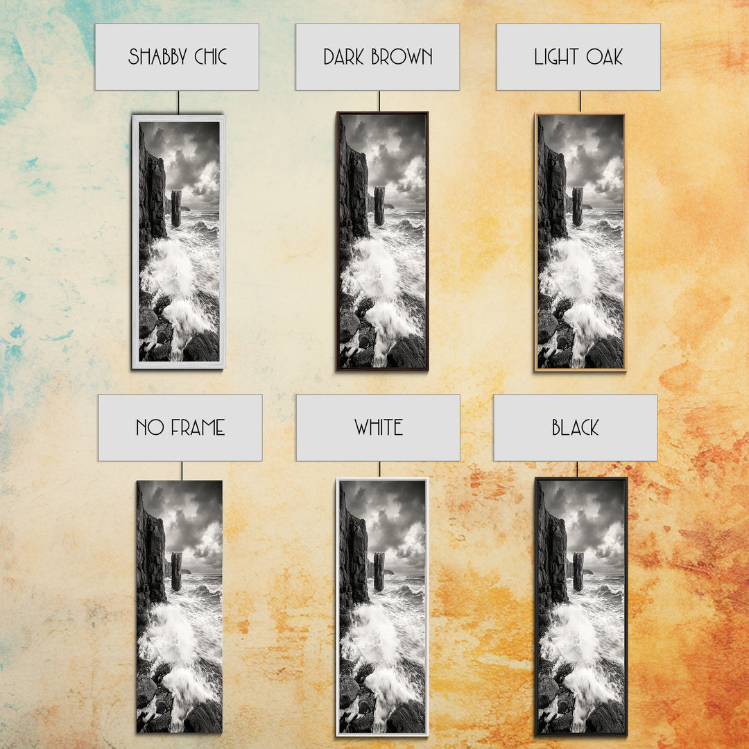 Crashing Surf, Tall Sea Stack, Rugged Coast, Framed Canvas Print, Moody Ocean Wall Art, Bathroom Decor, Black and White Seascape