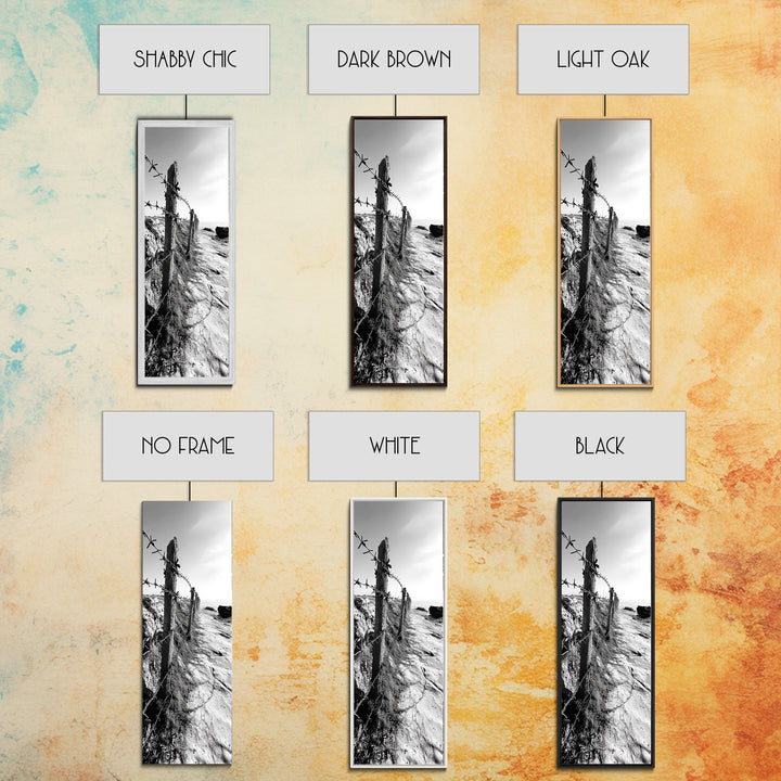 Rocky Shoreline, Barbed Wire, Coastal Minimalism, Rugged Texture, Natural Barrier, Framed Canvas Print, Hallway Wall Art, Industrial Rustic Style