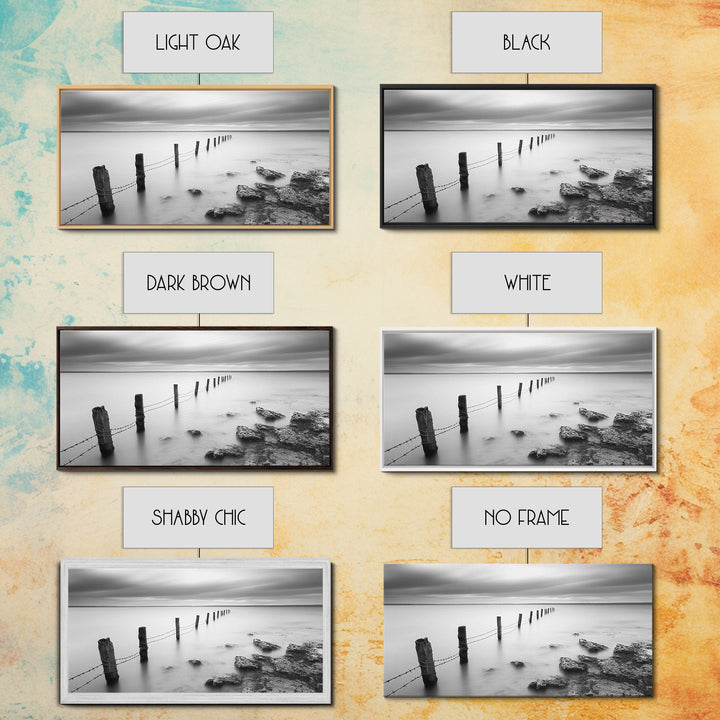 Coastal Fence Line, Tranquil Ocean Scene, Soft Minimalist Photo, Framed Canvas Print, Bathroom or Hallway Wall Art, Zen Vibes